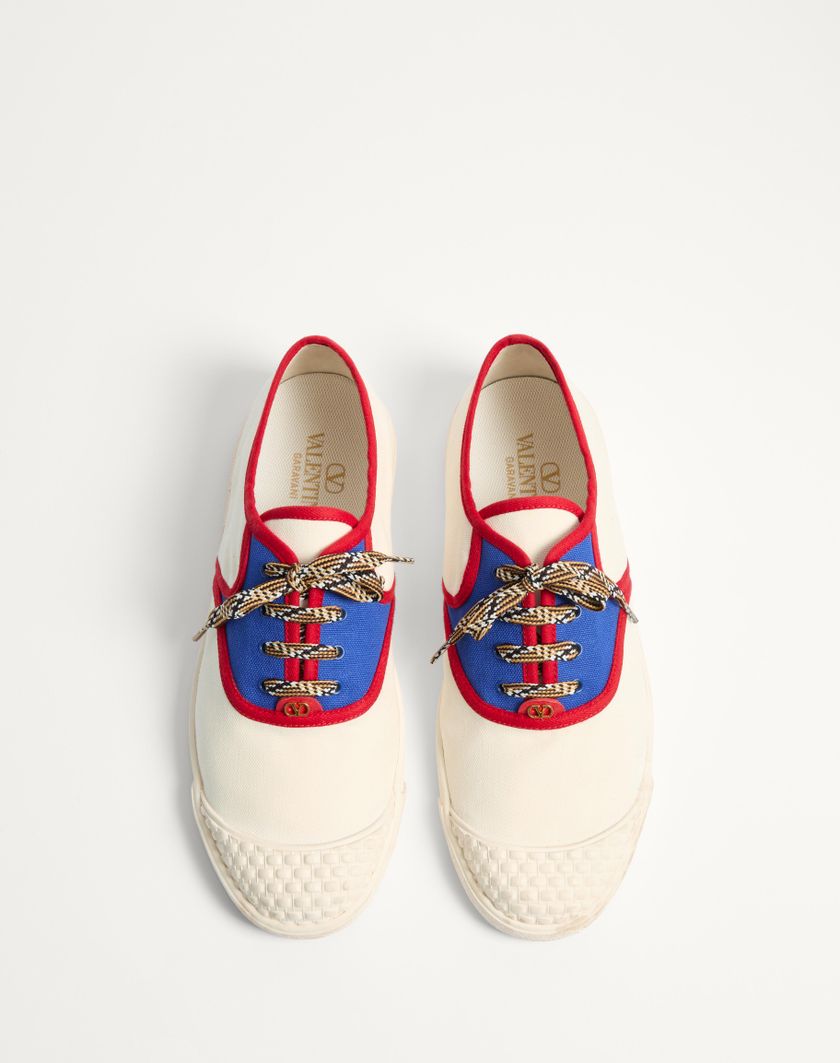 Valentino Handbags Sneaker Bay By Bay In Tessuto Per Uomo In Avorio/acid Bluette/rouge Pur | Valentino IT