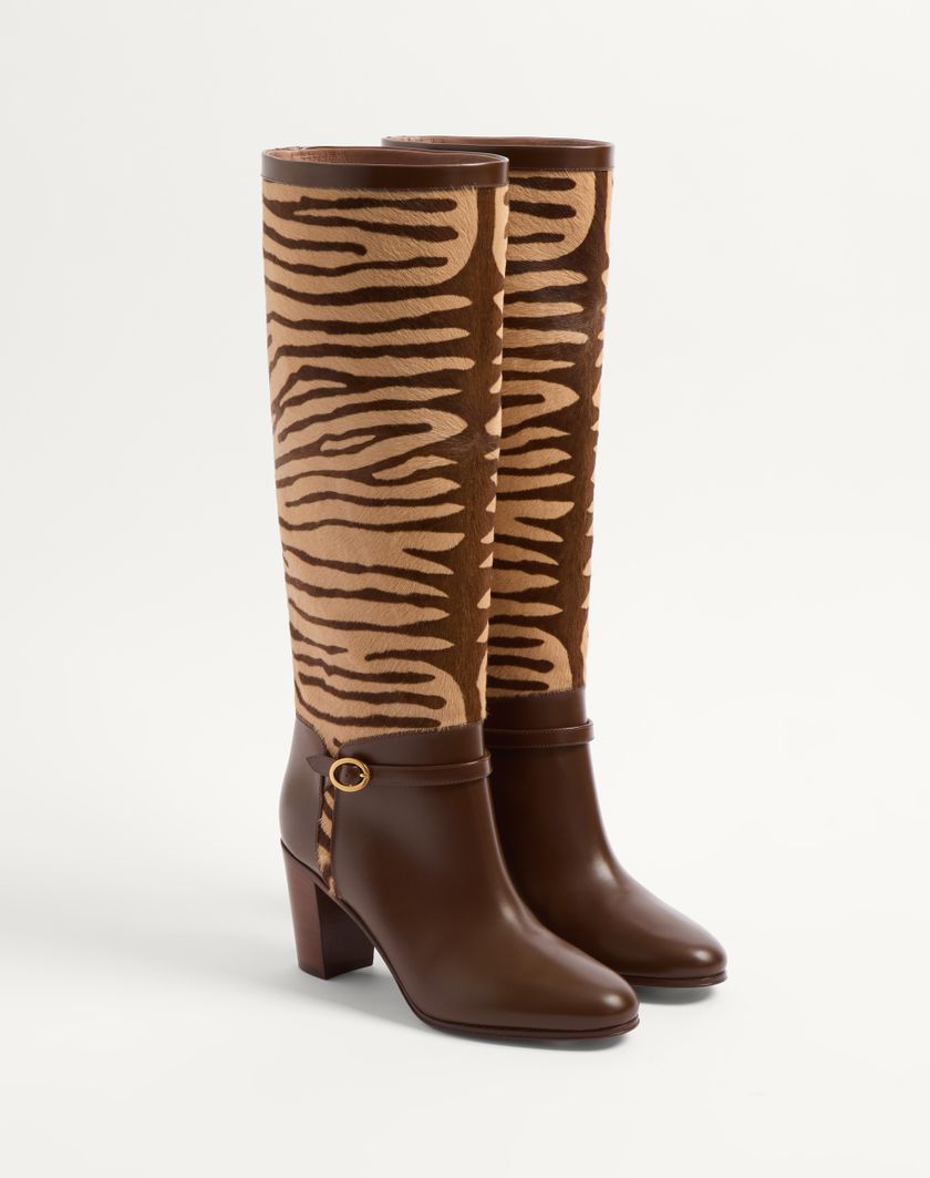 Valentino Handbags Stivale Pattie In Vitello Effetto Cavallino 75mm Per Donna In Beige | Valentino IT