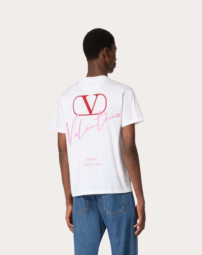 Valentino Handbags T-shirt In Cotone Con Ricamo Valentino E Stampa Vlogo Signature Per Uomo In Stone | Valentino IT