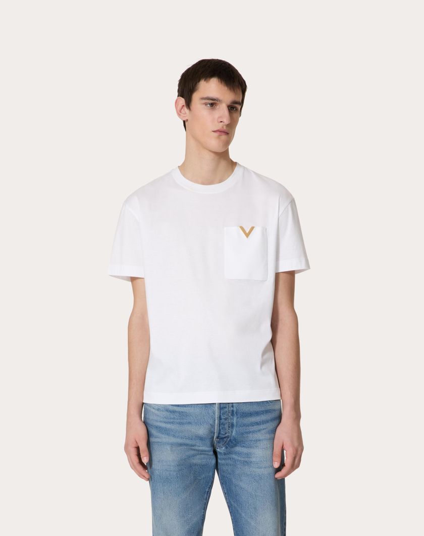 Valentino Handbags T-shirt In Cotone Con V Detail Metallica Per Uomo In Nero | Valentino IT