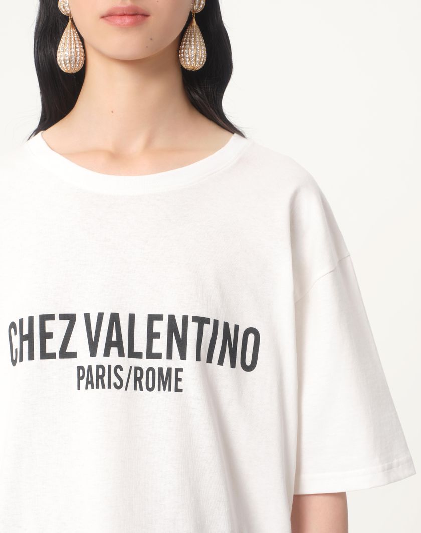 Valentino Handbags T-shirt In Jersey Cotton Con Stampa Chez Valentino Per Donna In Avorio | Valentino IT