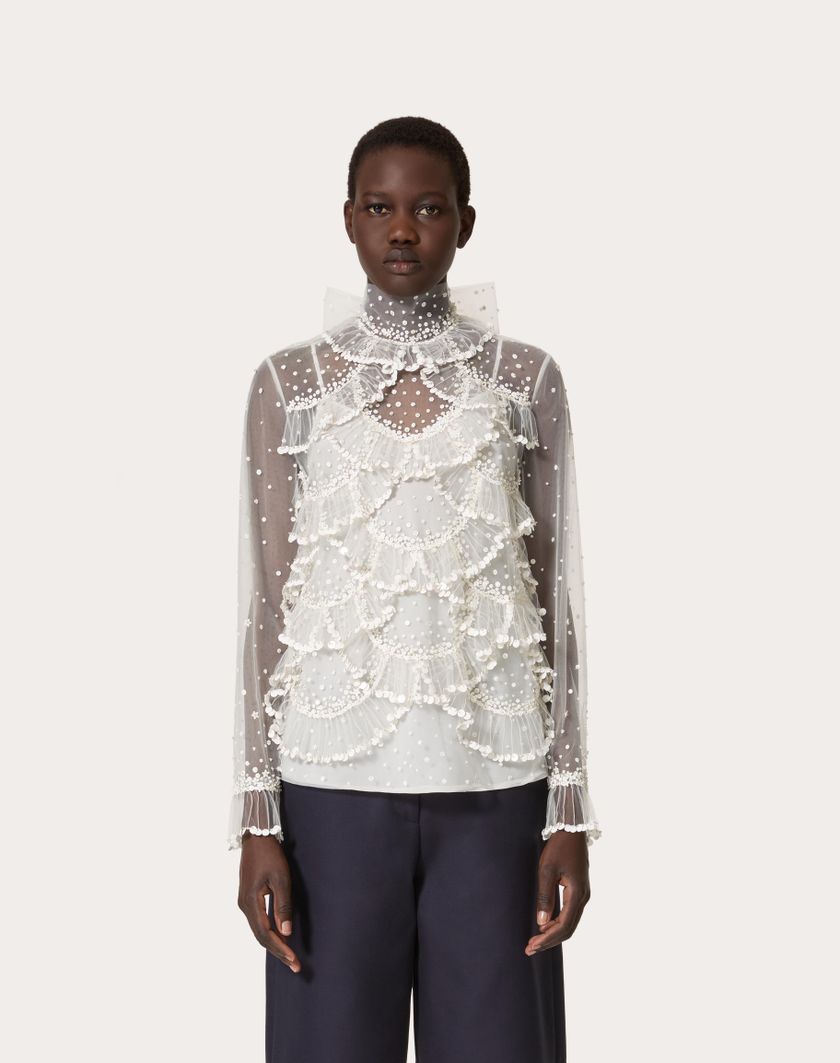 Valentino Handbags Top In Tulle Illusione Ricamato Per Donna In Avorio | Valentino IT