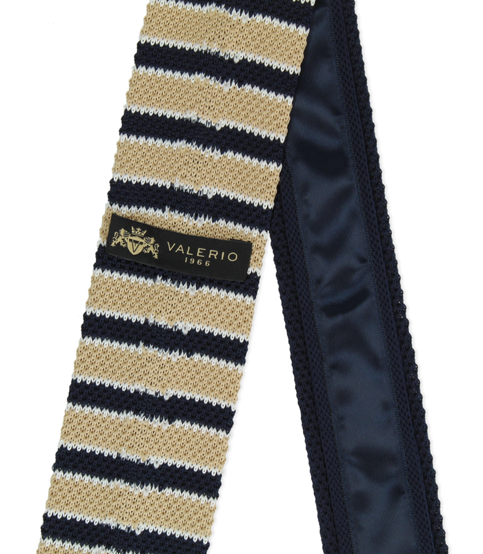 Valerio 1966 Cravatta Blu/beige Rigata In Cotone Con Fondo Dritto Uomo | Valerio 1966