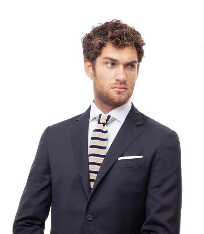 Valerio 1966 Cravatta blu/beige rigata in cotone con fondo dritto uomo | Valerio 1966