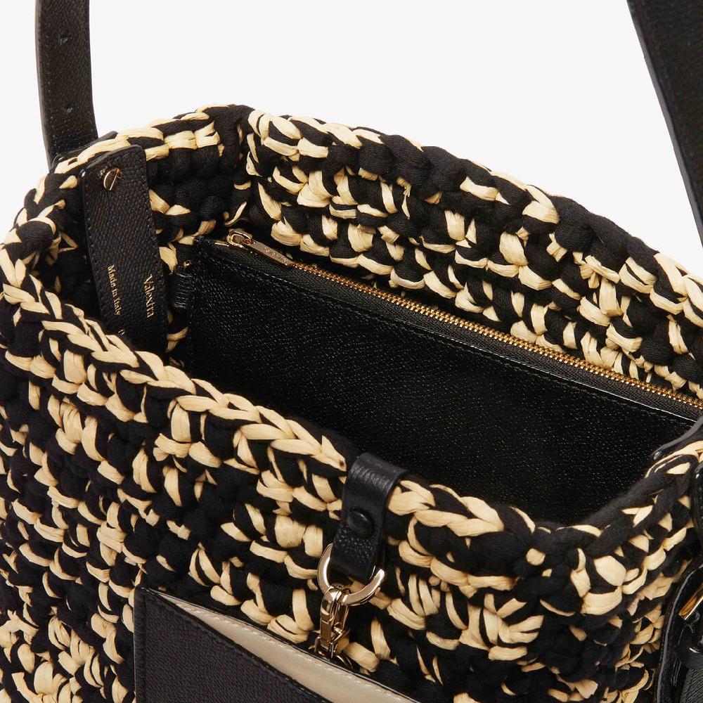 Valextra Borsa A Secchiello Donna Nera E Beige In Rafia E Cotone | Valextra