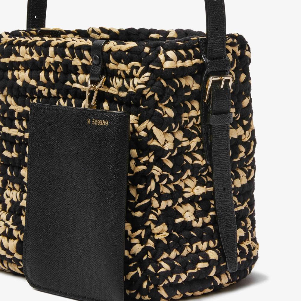 Valextra Borsa A Secchiello Donna Nera E Beige In Rafia E Cotone | Valextra