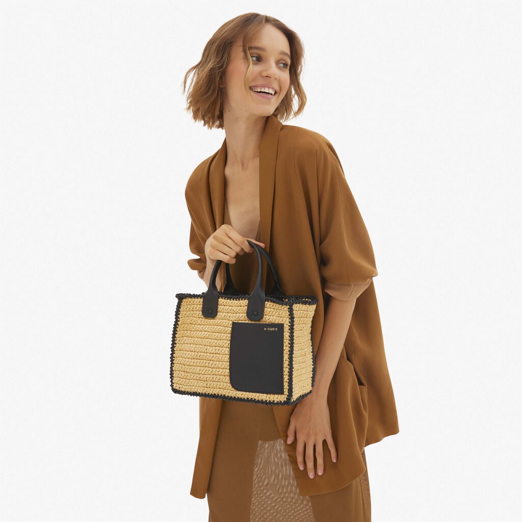 Valextra Borsa Tote Mini Da Donna In Rafia Beige E Nera | Valextra