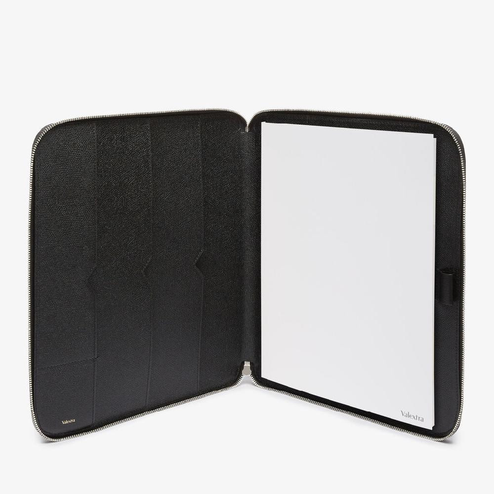 Valextra Cartella Per Scrittura Con Zip A4 | Pelle Di Vitello Millepunte | Nero | Valextra