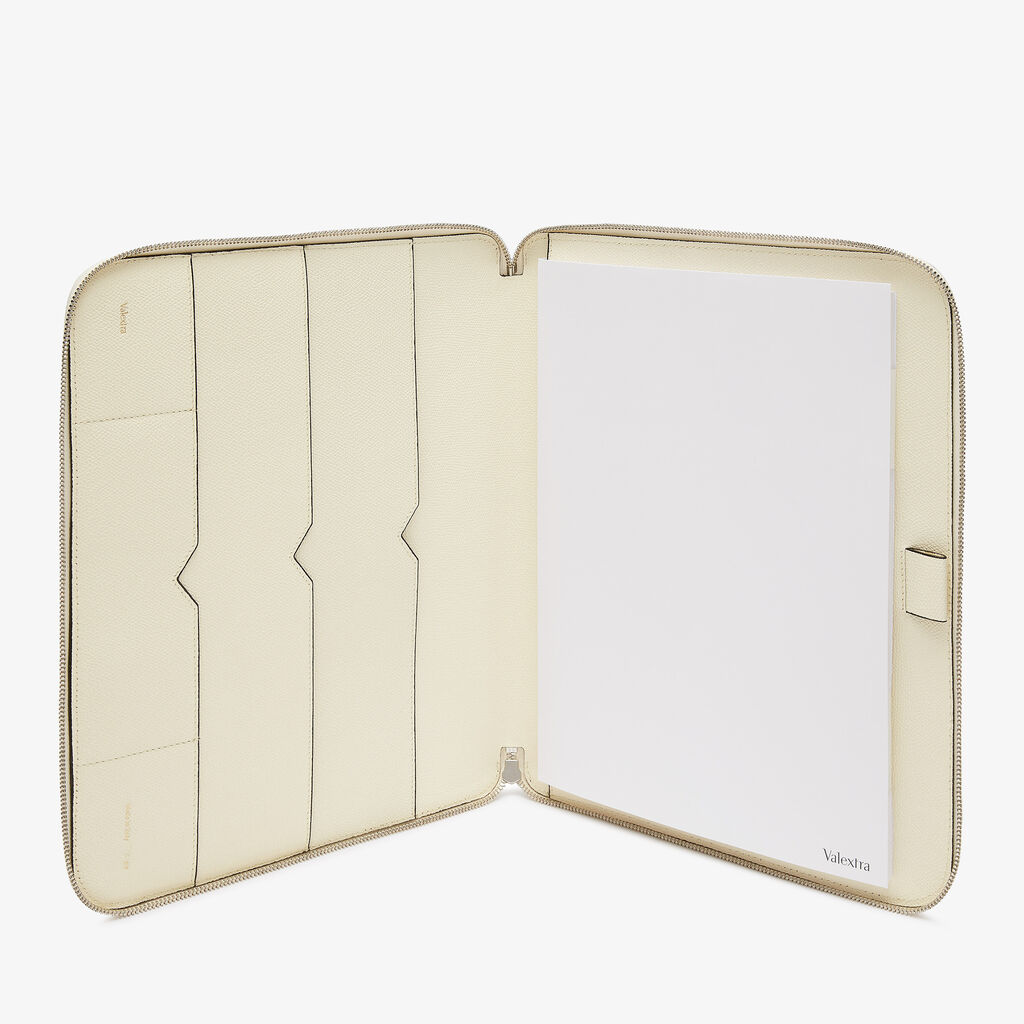Valextra Cartella Per Scrittura Con Zip A4 | Pelle Di Vitello Millepunte | Bianco Pergamena | Valextra