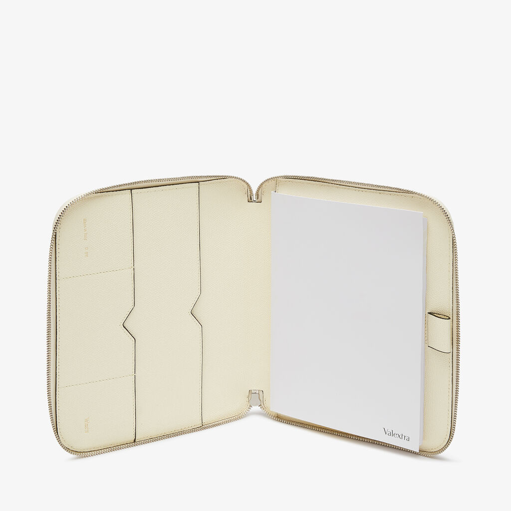 Valextra Cartella Per Scrittura Con Zip A5 | Pelle Di Vitello Millepunte | Bianco Pergamena | Valextra