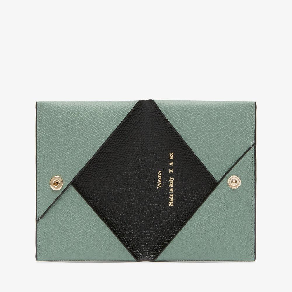 Valextra Porta Carte Con Bottone | Pelle Di Vitello Millepunte | Verde Eucalipto/Nero | Valextra