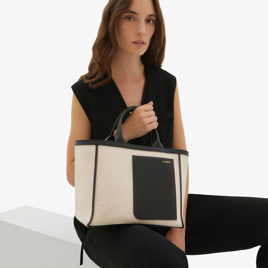 Valextra Shopping Bag In Canvas Mini In Tela Marrone | Valextra