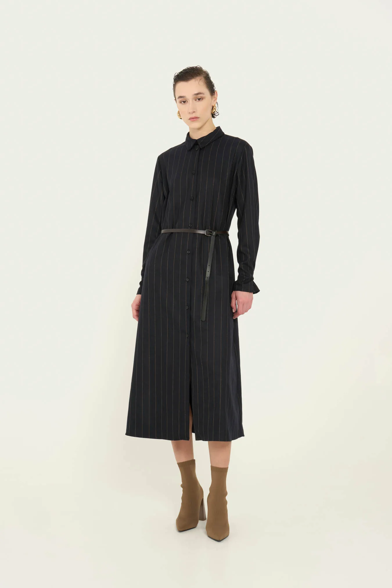 Vicario Cinque Abito Chemisier Blu In Lana Con Tasche Artemisia