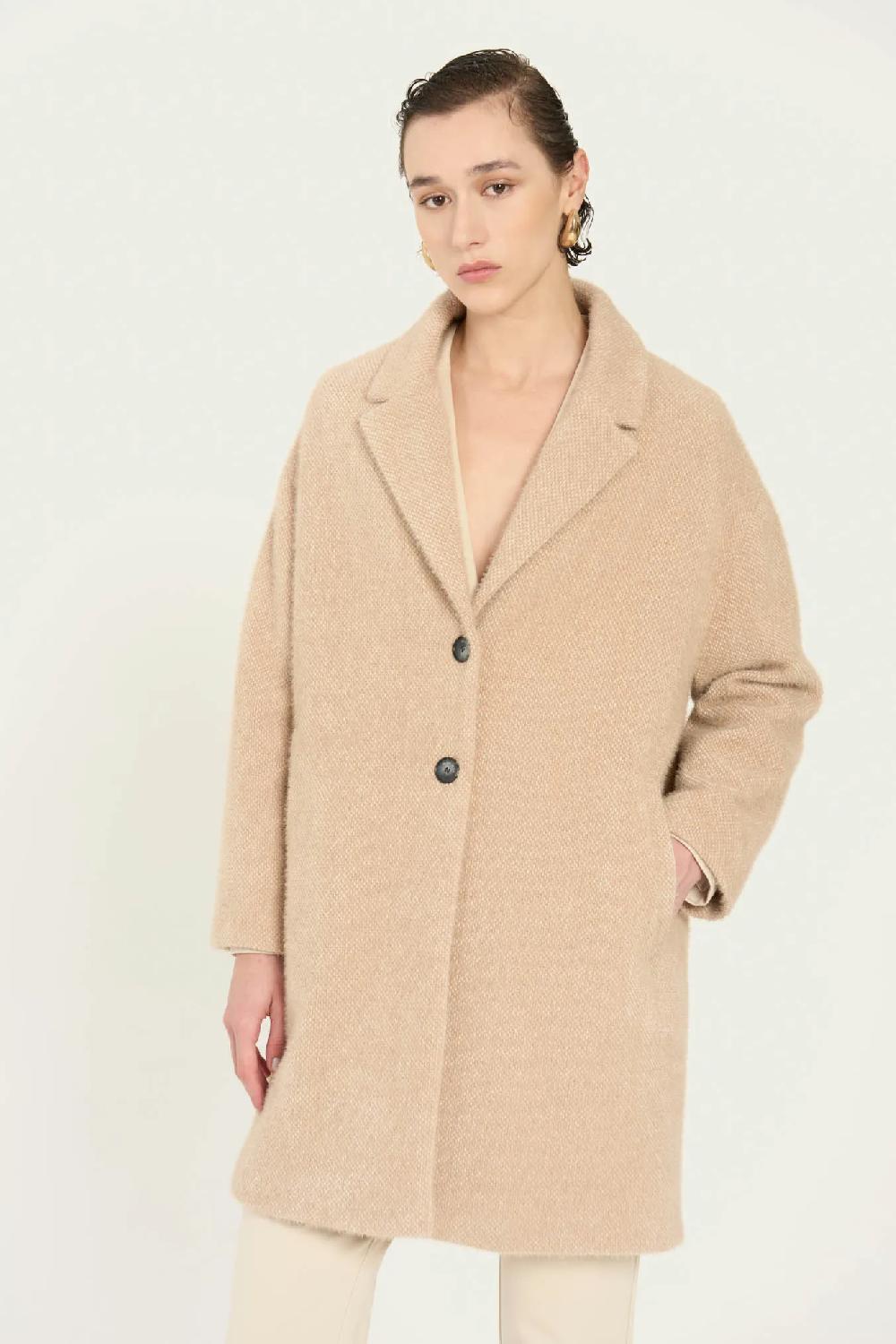 Vicario Cinque Cappotto Monopetto In Panno Beige Cesilia