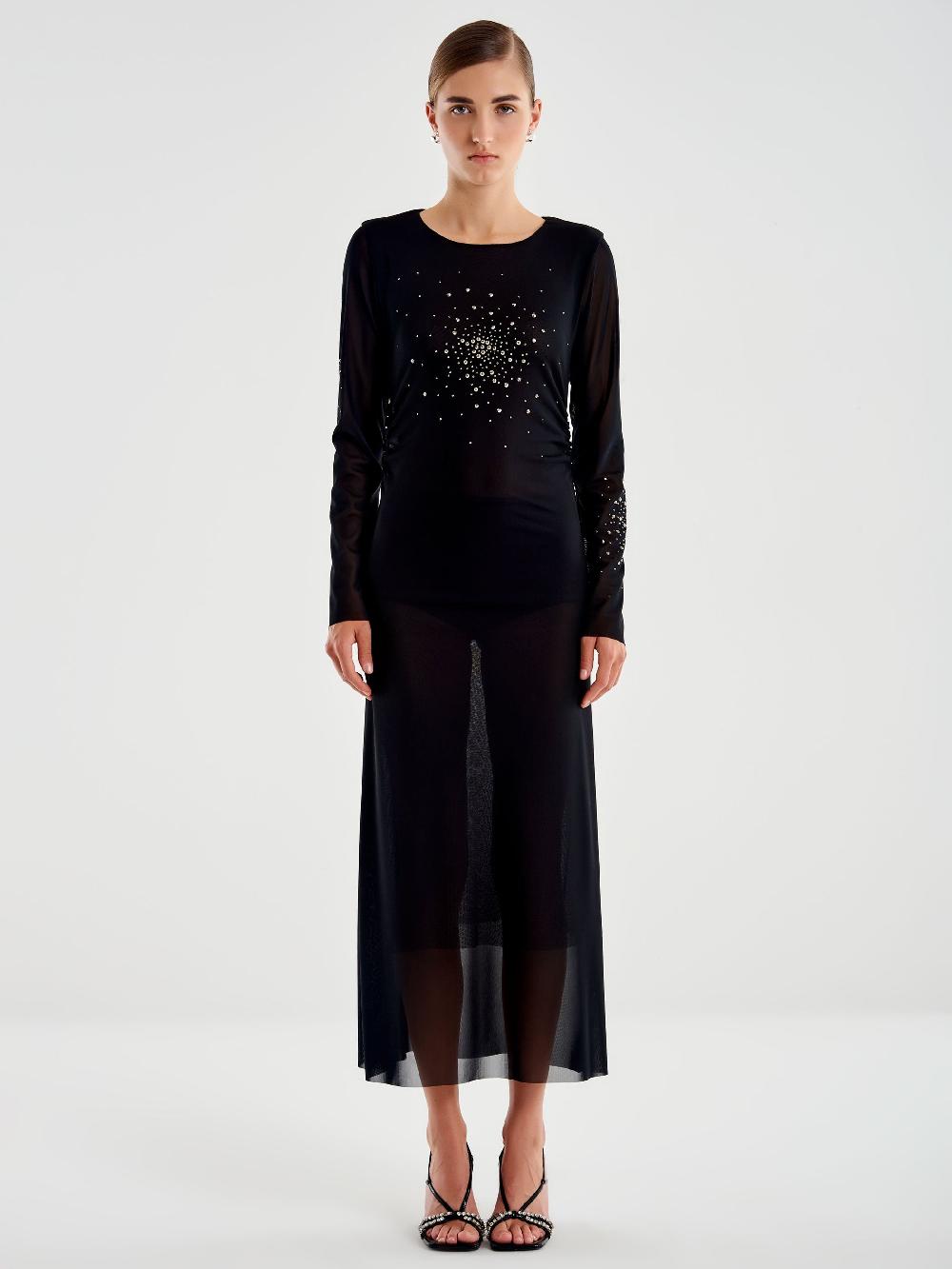 Vicolo Abito Lungo In Tulle Trasparente Con Strass Nero