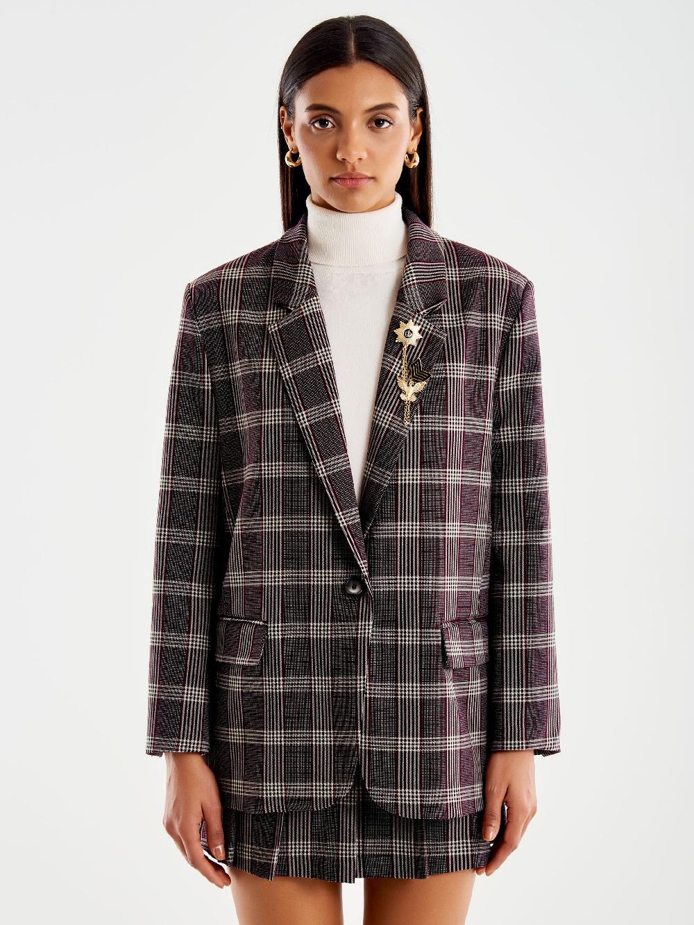 Vicolo Blazer Check Over Monopetto Con Spilla Bordeaux