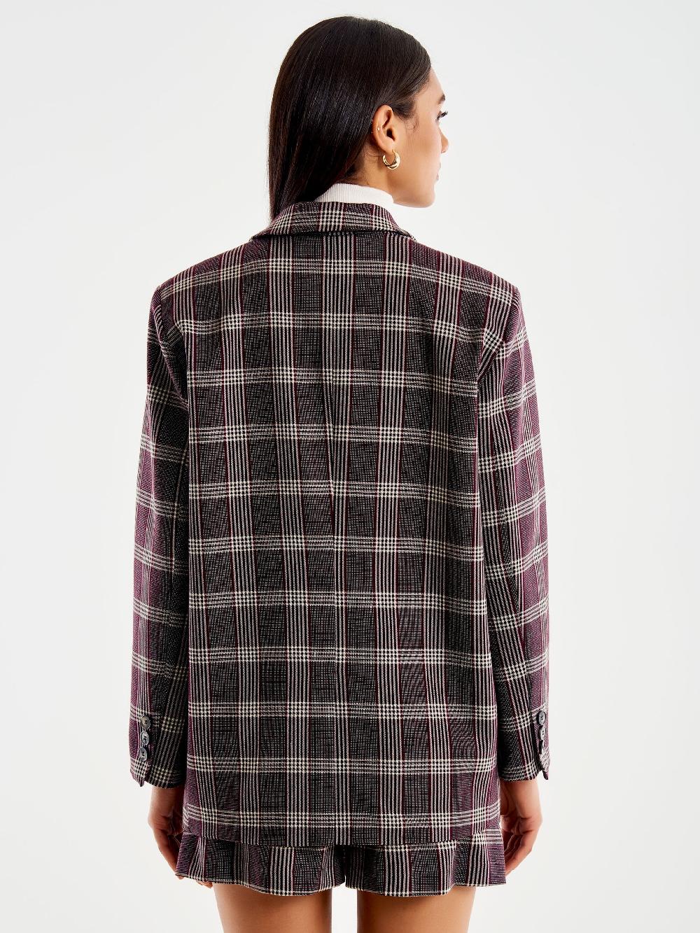 Vicolo Blazer Check Over Monopetto Con Spilla Bordeaux