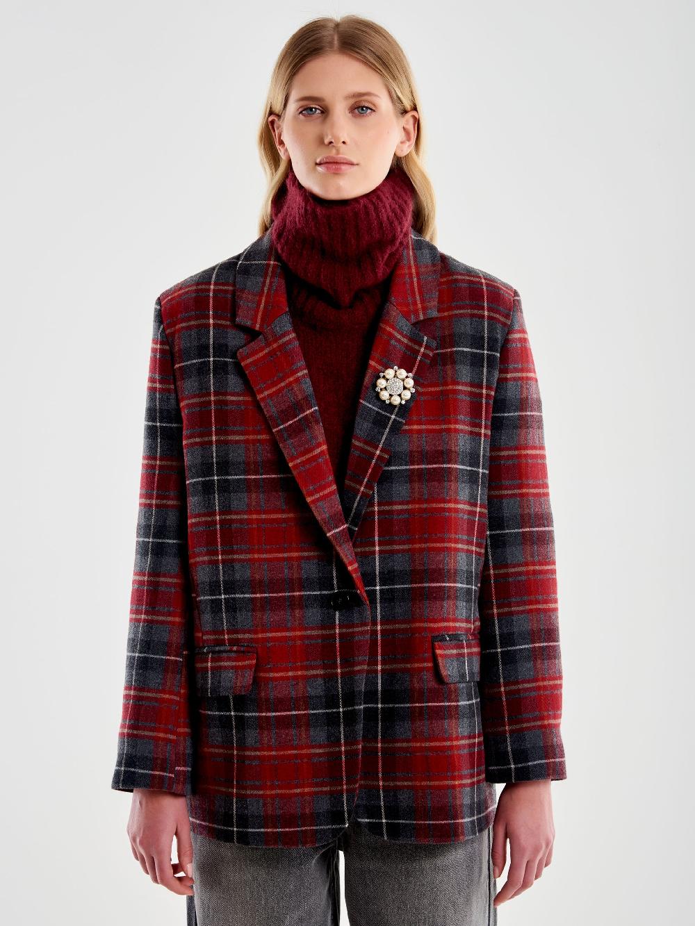 Vicolo Blazer Doppiopetto Over Spilla Quadri Bordeaux