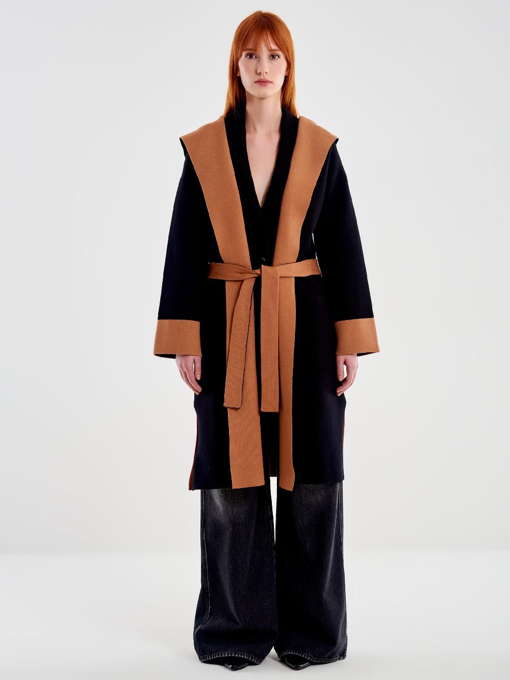 Vicolo Cappotto In Maglia Color Block Con Cappuccio Nero