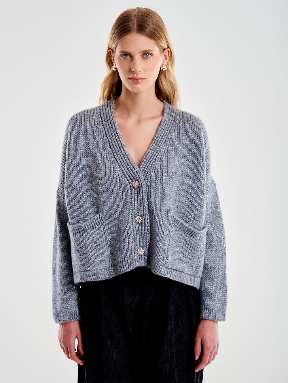Vicolo Cardigan Bottoni Gioiello E Scollo A V Grigio