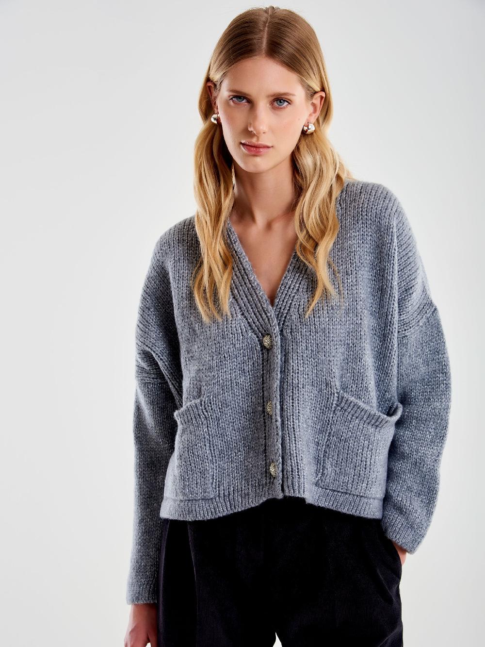 Vicolo Cardigan Bottoni Gioiello e Scollo a V Grigio