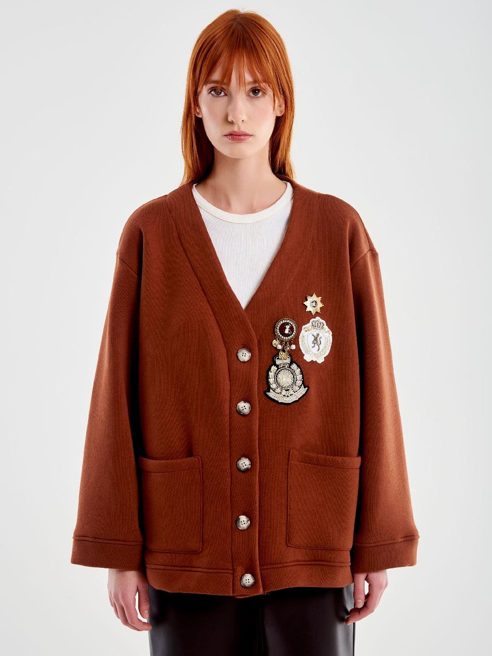 Vicolo Cardigan In Felpa Con Patch E Spille Marrone