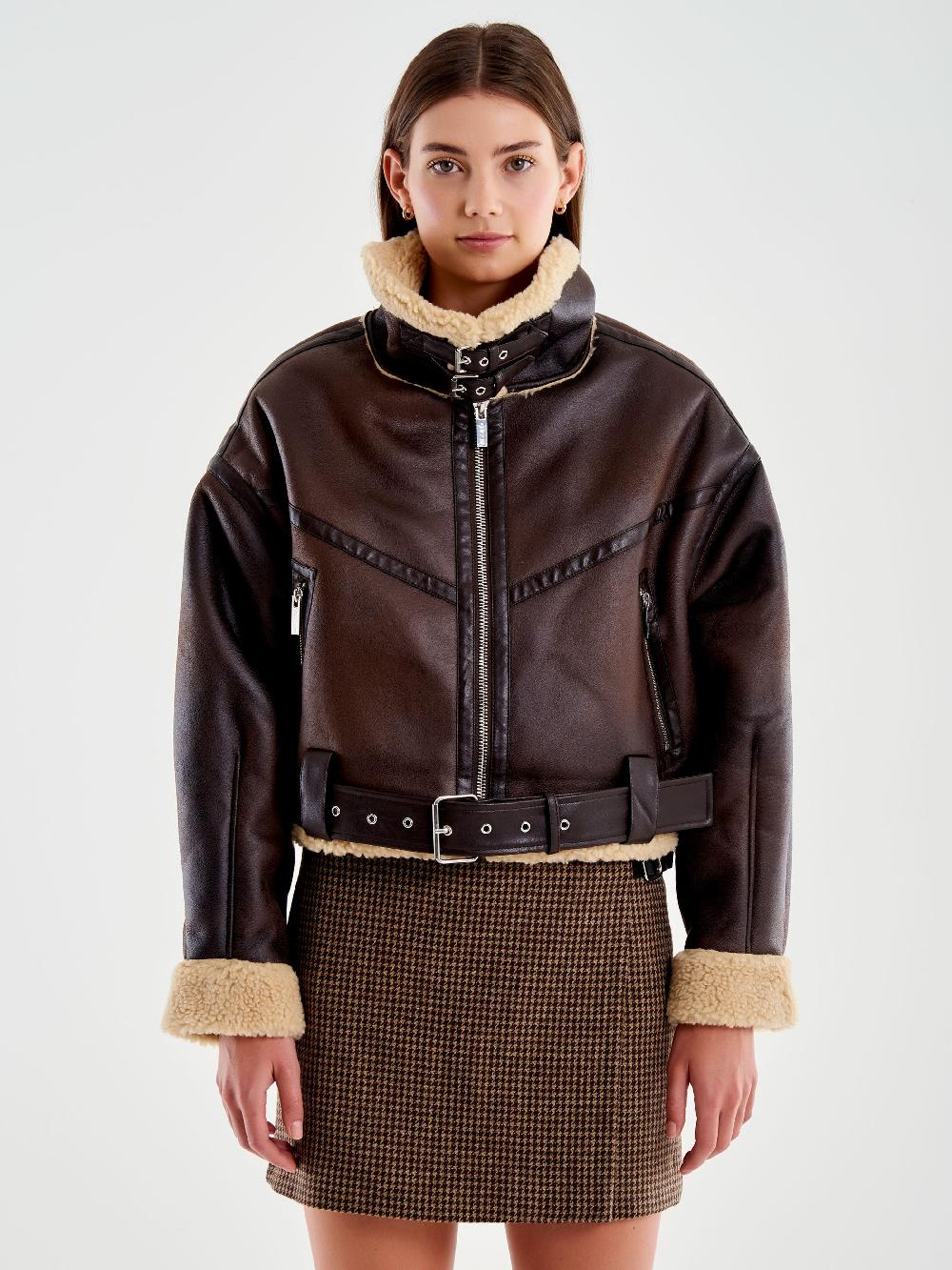 Vicolo Giubbotto Biker Cropped Effetto Scamosciato Marrone