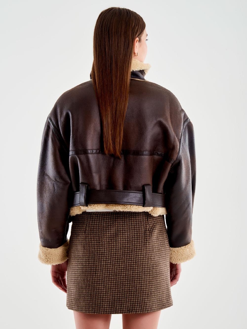 Vicolo Giubbotto Biker Cropped Effetto Scamosciato Marrone