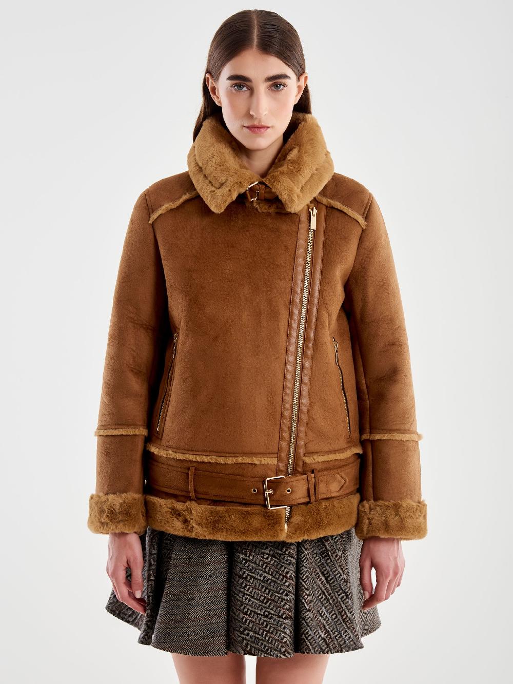 Vicolo Giubbotto Biker Oversized Scamosciato Cammello