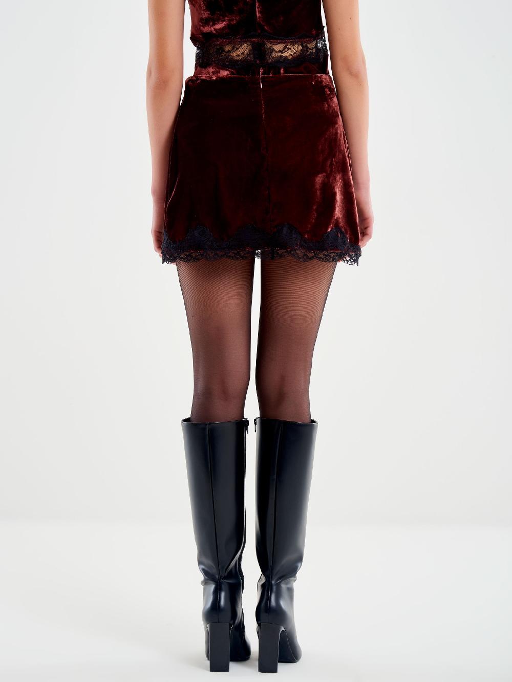 Vicolo Gonna Mini Velluto Dettagli In Pizzo Bordeaux