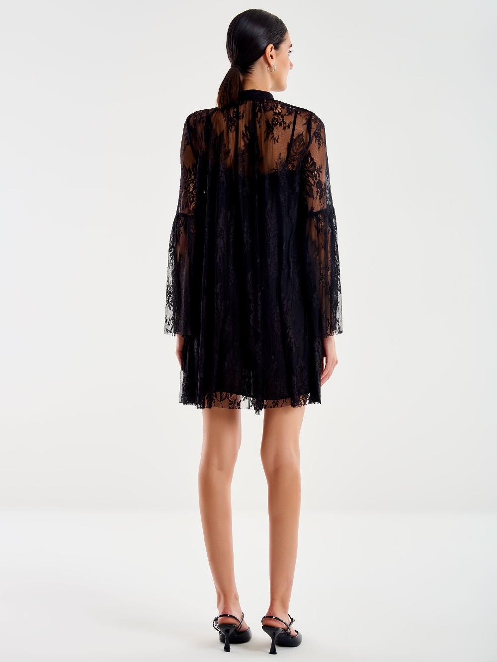 Vicolo Abito Corto In Pizzo Con Jabot Nero