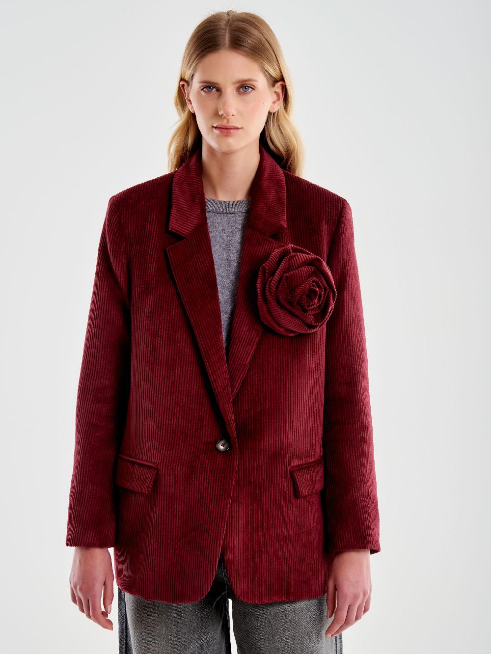Vicolo Blazer Con Rosa Oversized Velluto Bordeaux