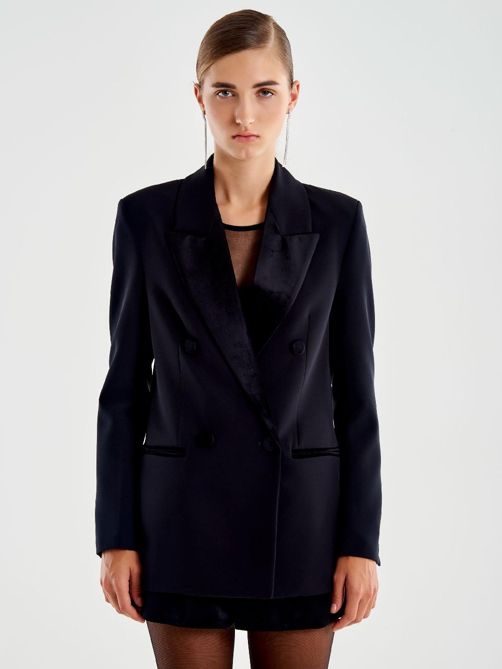 Vicolo Blazer Dettagli Velluto Doppiopetto Nero