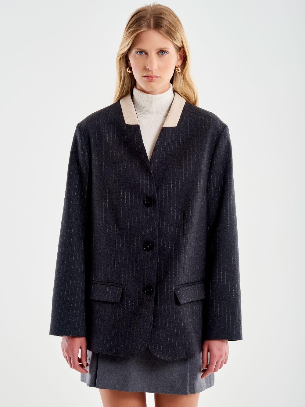 Vicolo Blazer Gessato Senza Revers Grigio