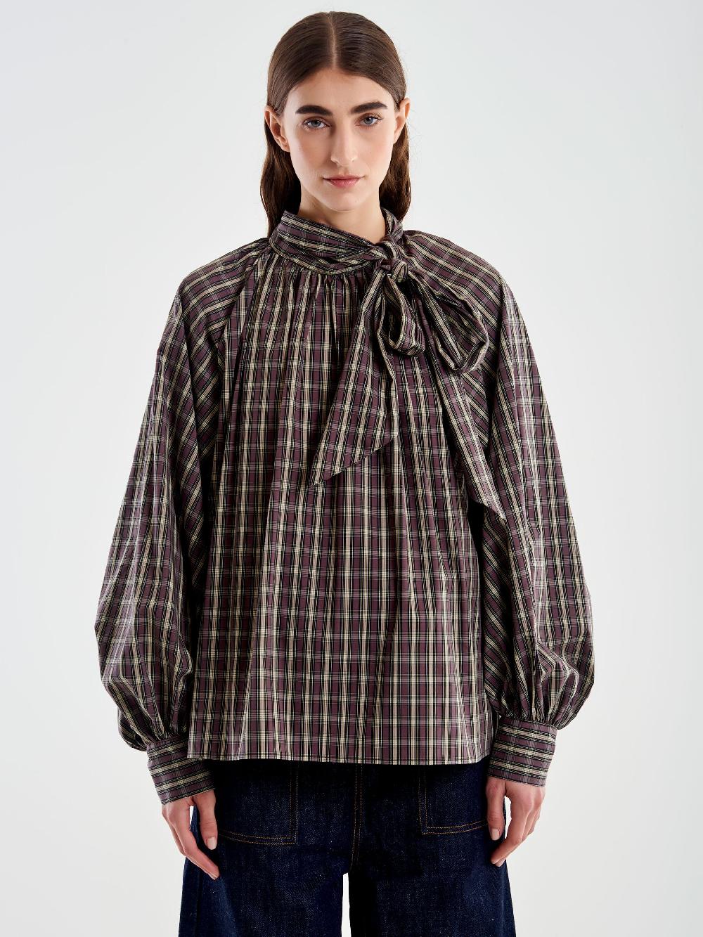 Vicolo Camicia Over Quadri Con Fiocco Beige