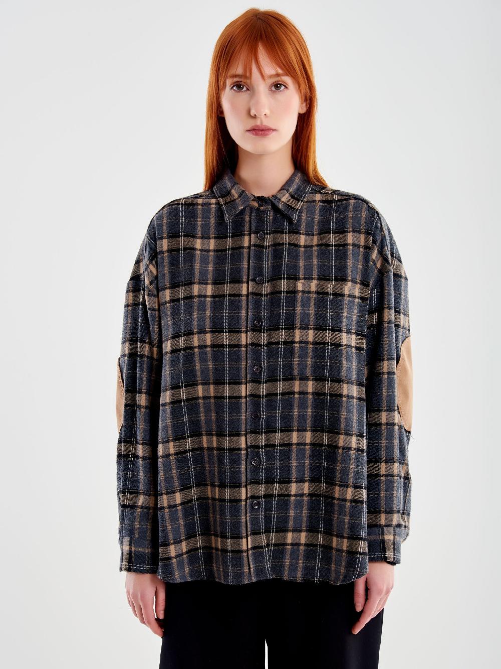 Vicolo Camicia Oversized Check Con Toppe Beige