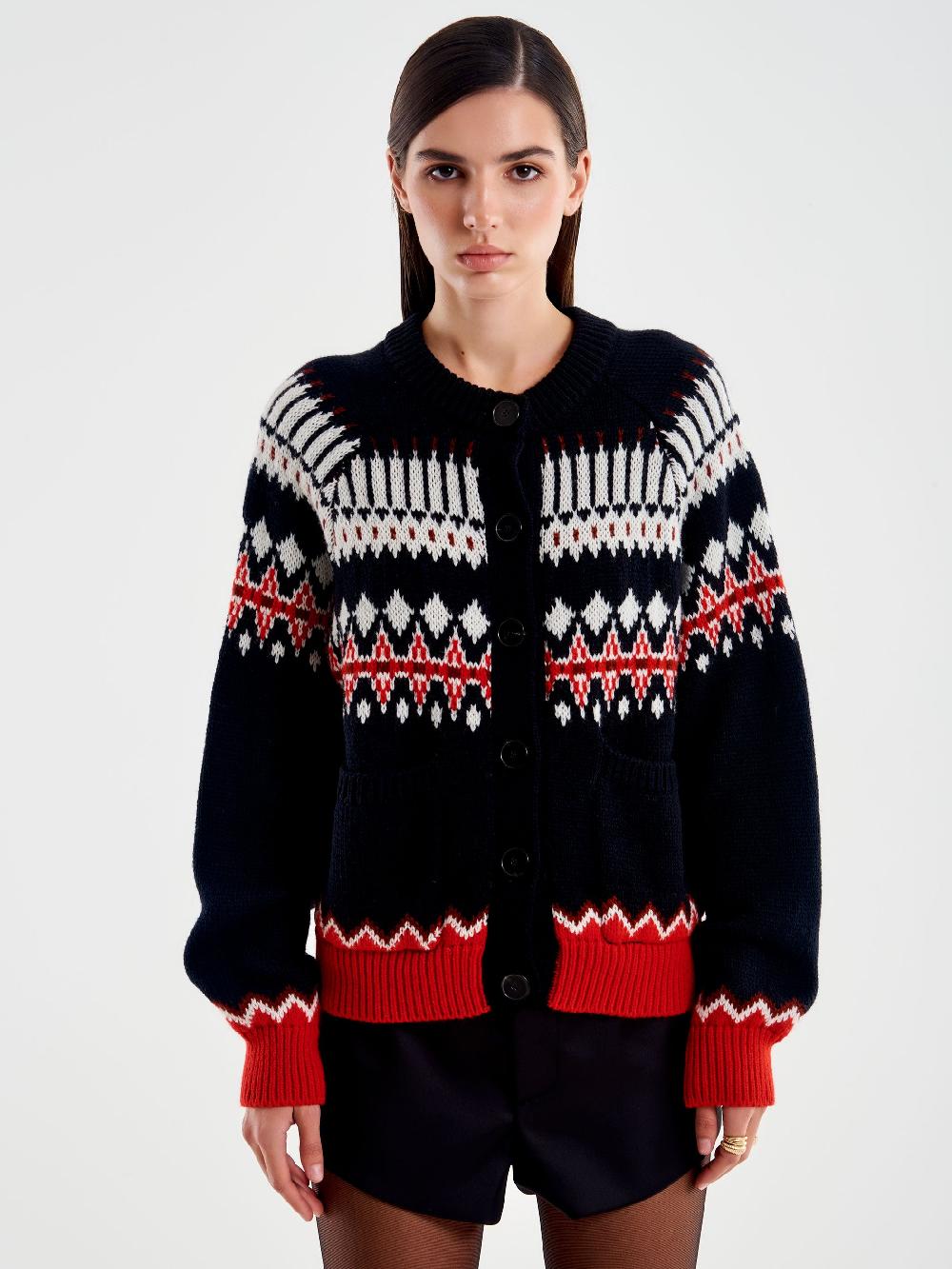 Vicolo Cardigan Con Tasche Motivo Jaquard Nero