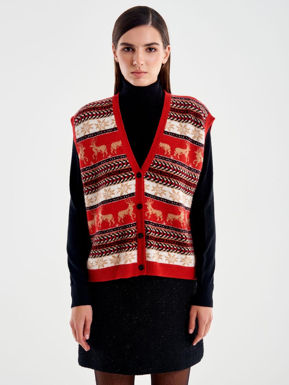 Vicolo Cardigan Scollo A V Motivo Atzeco Rosso