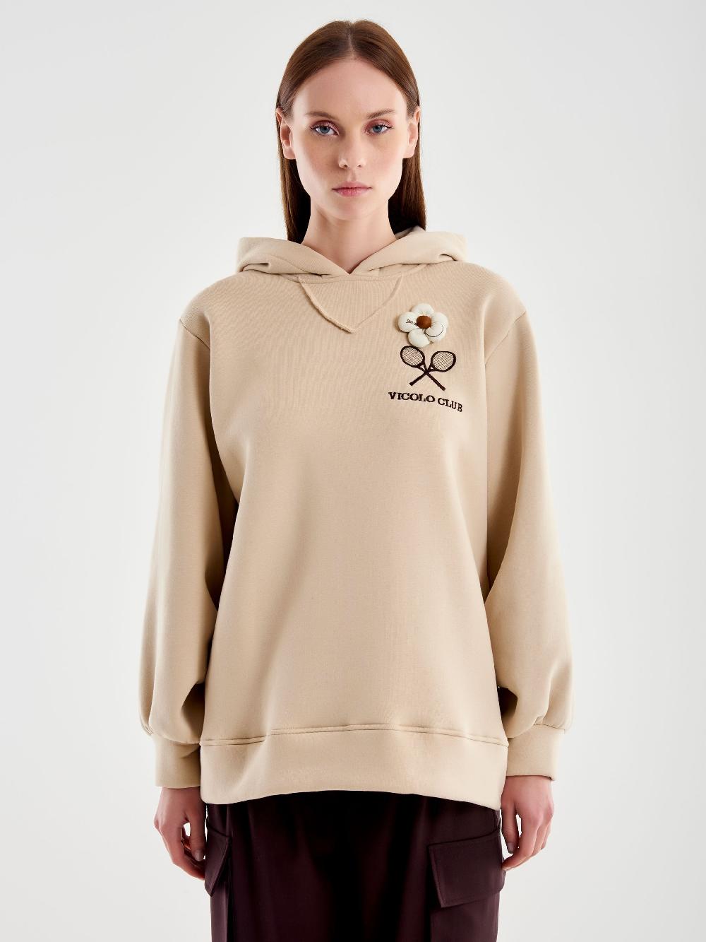 Vicolo Felpa Over Con Cappuccio E Ricamo Beige