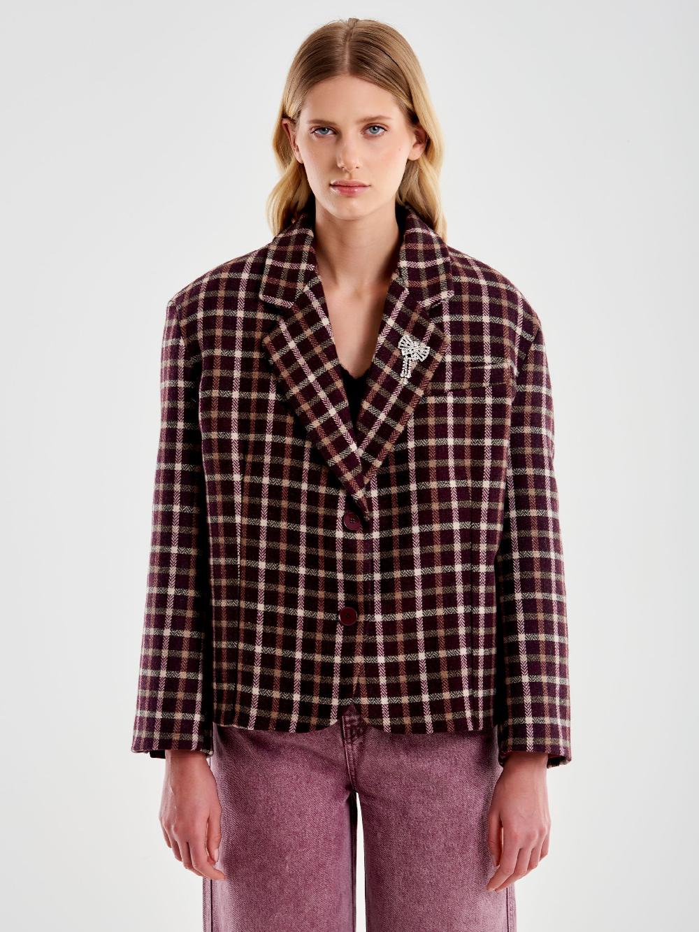 Vicolo Giacca Oversized Cropped A Quadri Bordeaux