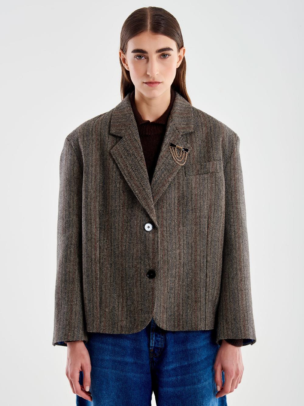 Vicolo Giacca Oversized Cropped Spinato Marrone