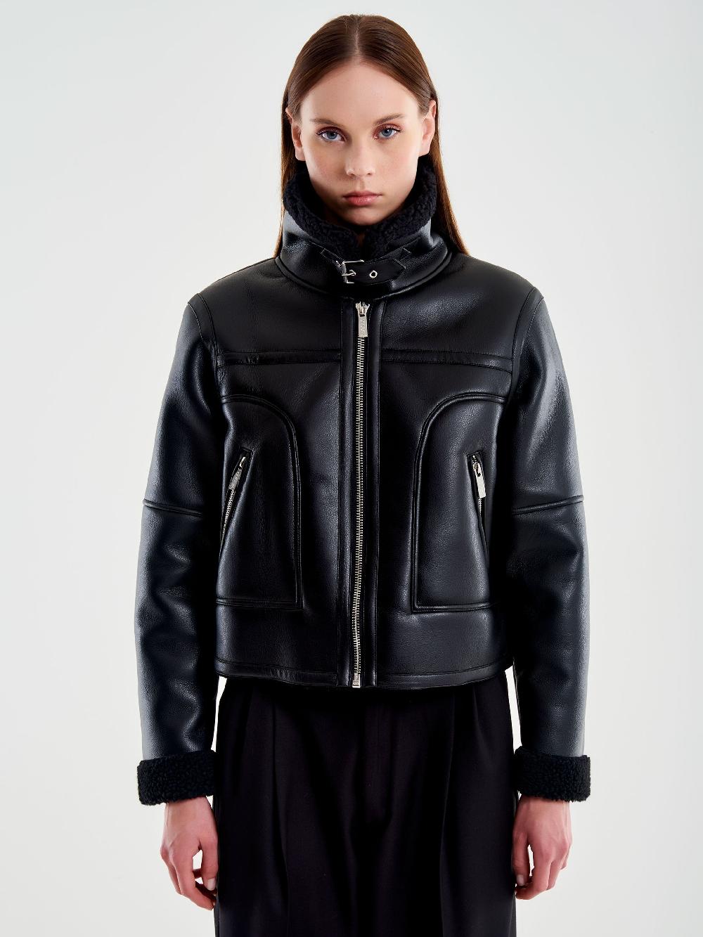 Vicolo Giubbotto Biker Cropped Effetto Pelle Nero