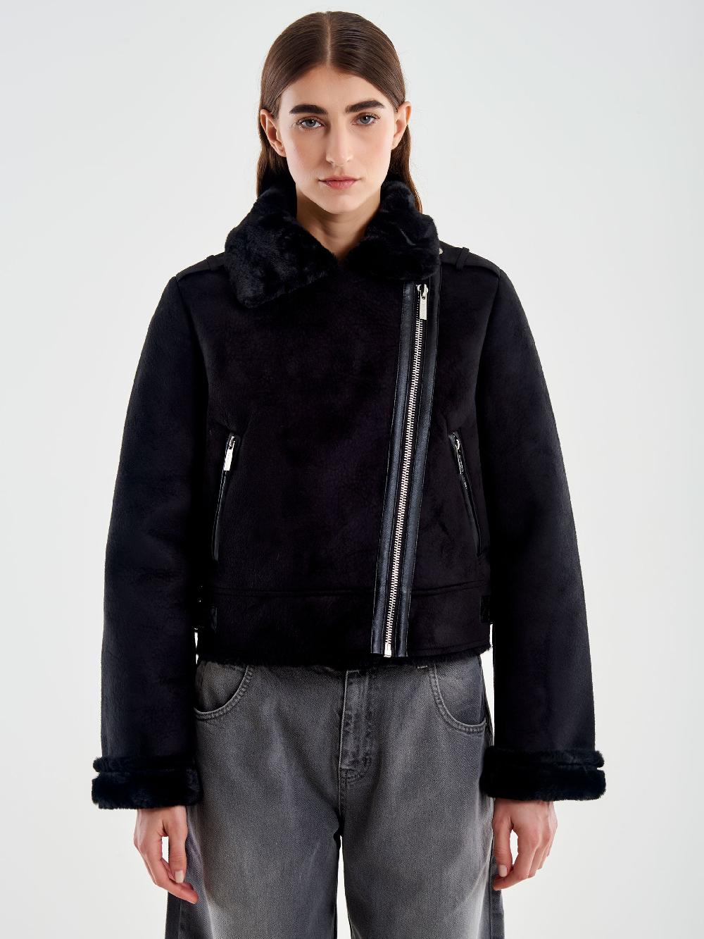 Vicolo Giubbotto Cropped Effetto Scamosciato Nero