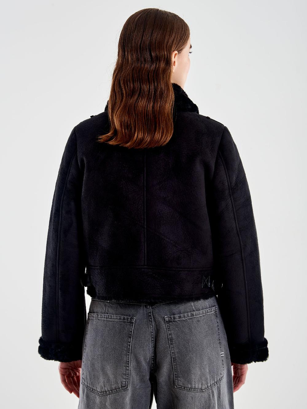 Vicolo Giubbotto Cropped Effetto Scamosciato Nero