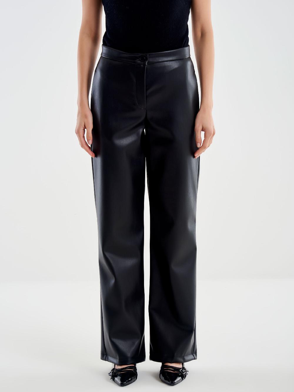 Vicolo Pantalone Straight Effetto Pelle Nero