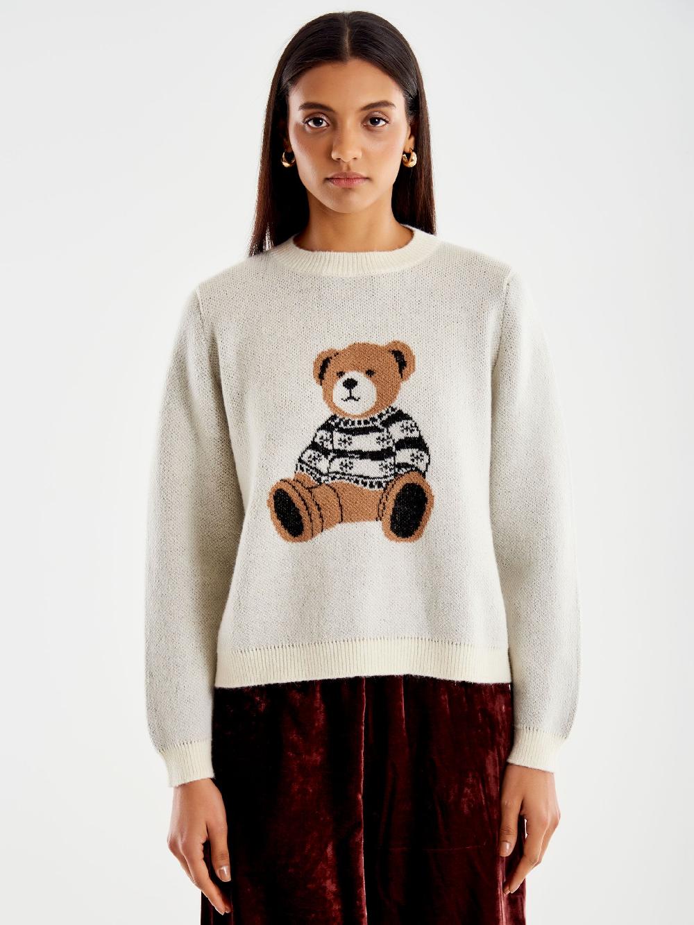 Vicolo Pull Con Orsetto Ricamato Bianco
