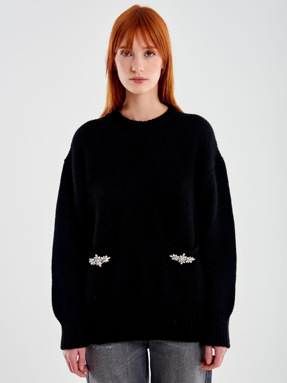 Vicolo Pull Girocollo Con Cabochon Tasche Nero