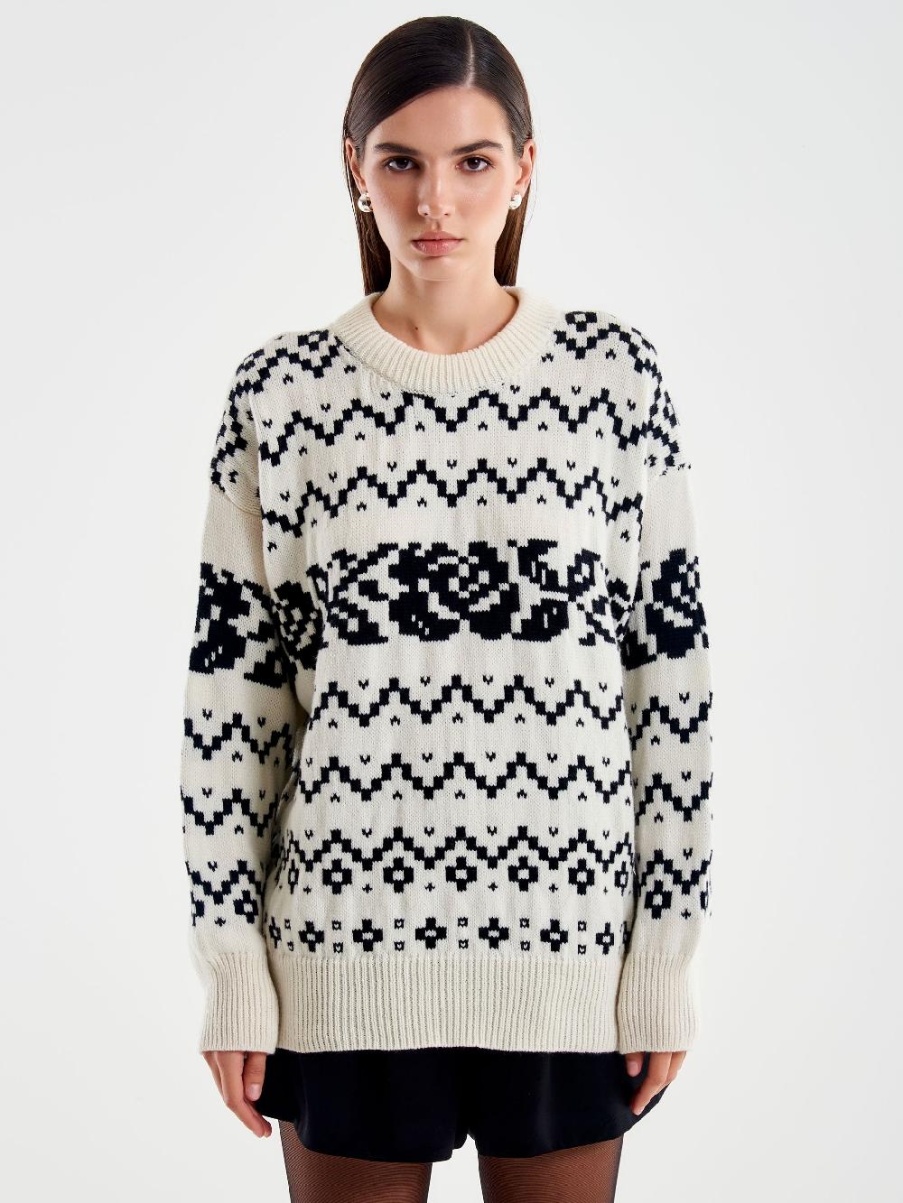 Vicolo Pull Jaquard Rose Stilizzate Bianco