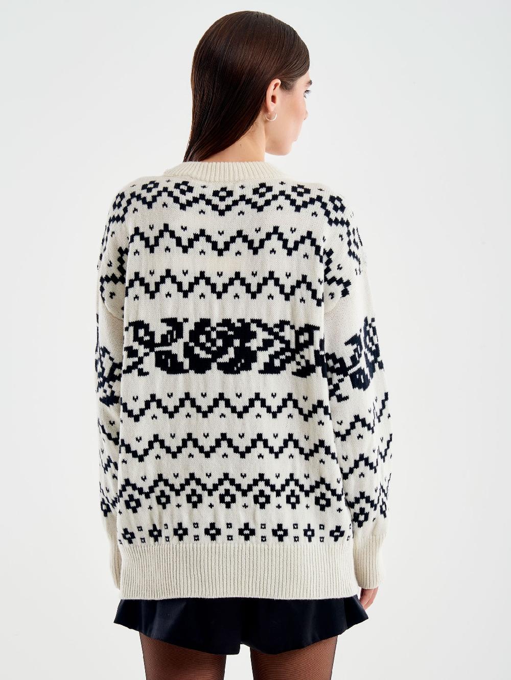 Vicolo Pull Jaquard Rose Stilizzate Bianco