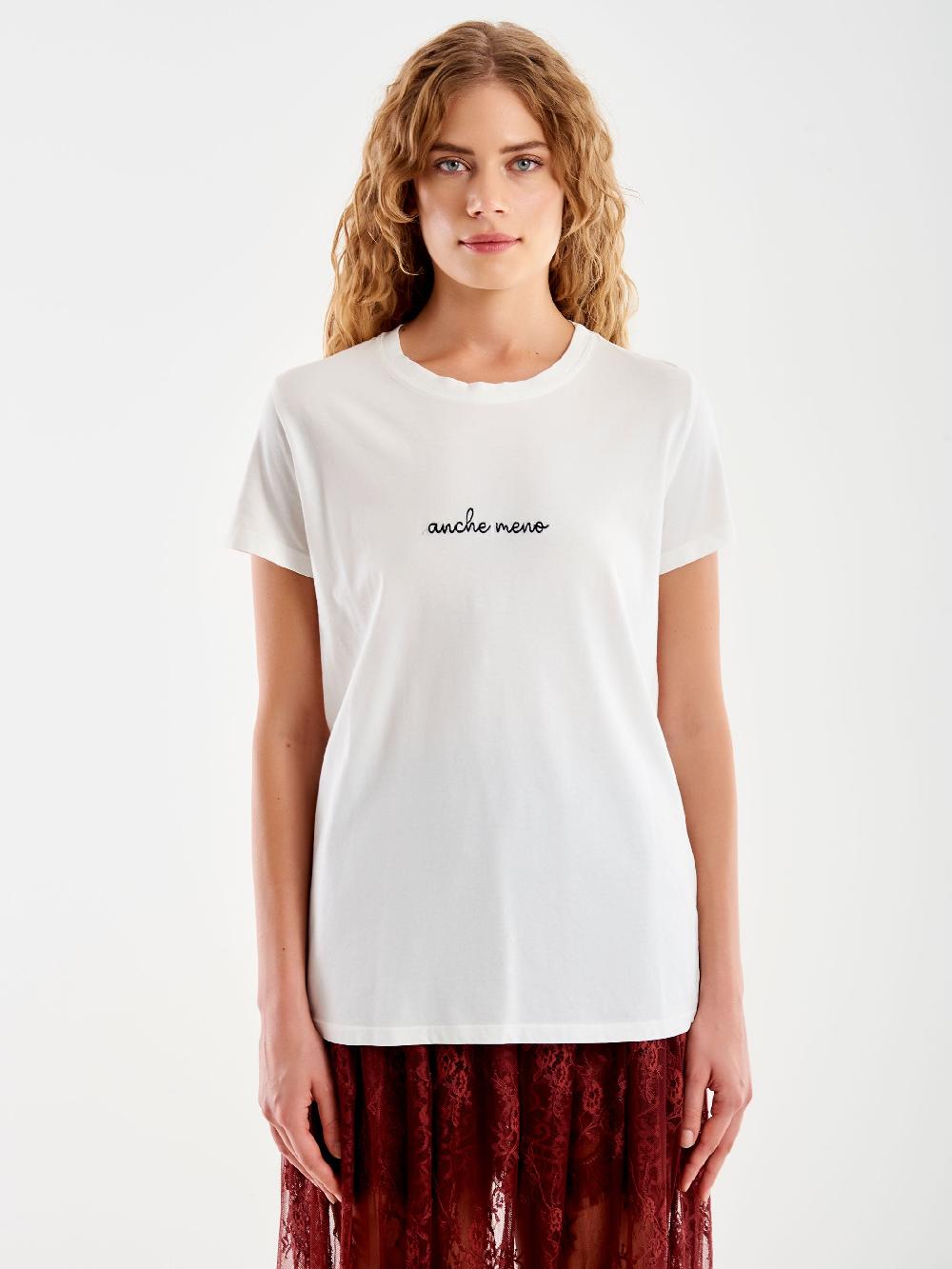 Vicolo T-Shirt Ricamata "Anche Meno" Bianco